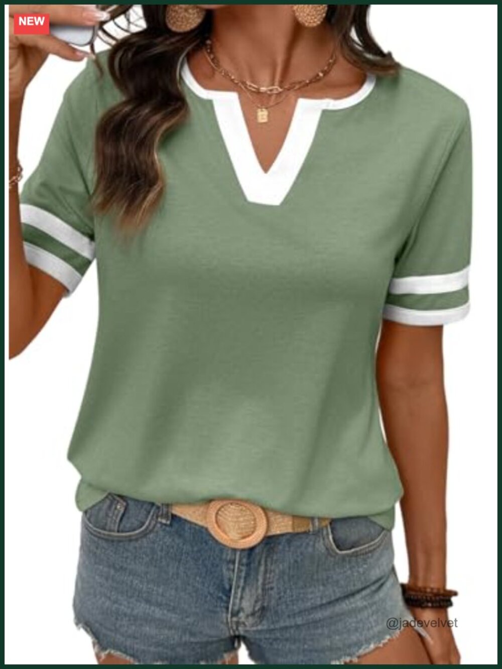Women's Soft Cotton Blend V-Neck Short Sleeve Colorblock Tee Summer Casual Top